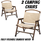 2x Bamboo Foldable Outdoor Camping Chairs – Khaki/Beige | Lightweight, Stylish & Durable