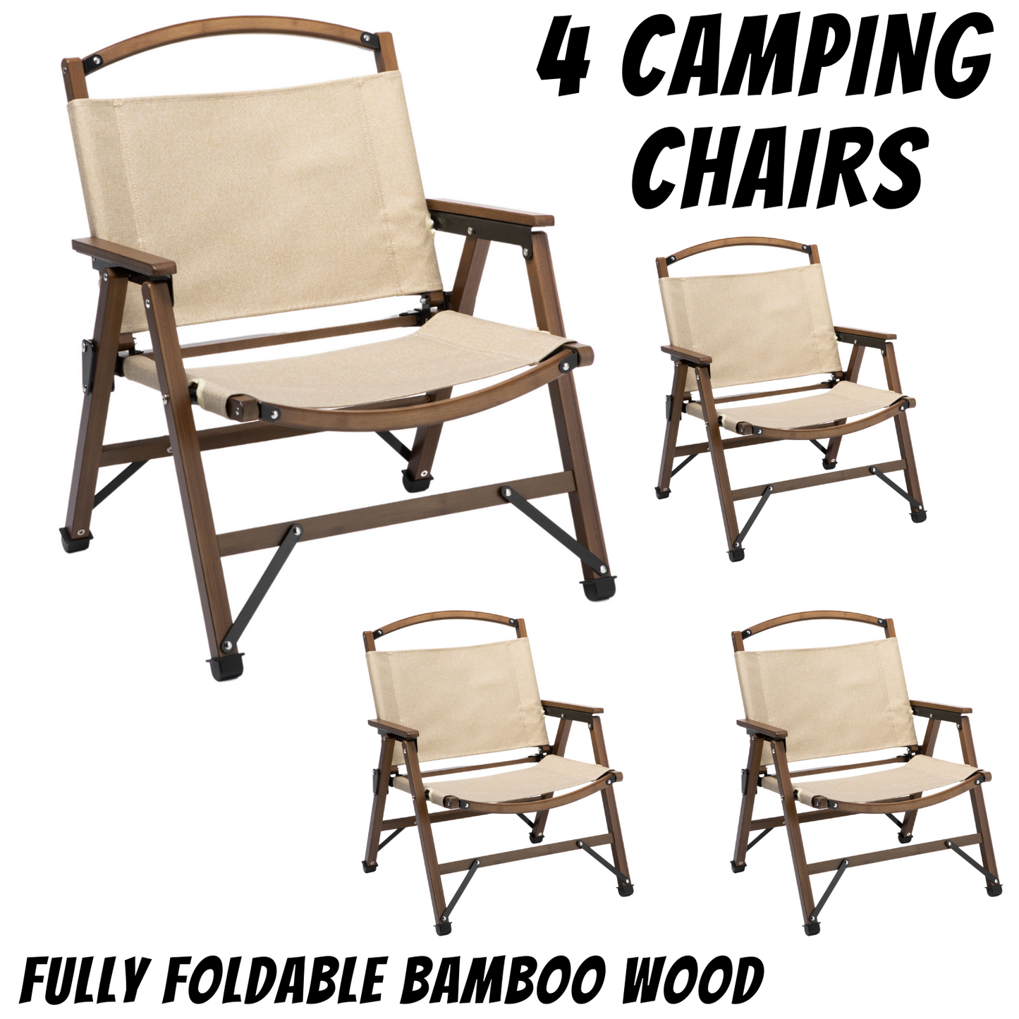4x Bamboo Folding Outdoor Camping Chairs – Khaki/Beige | Eco-Friendly, Portable & Stylish