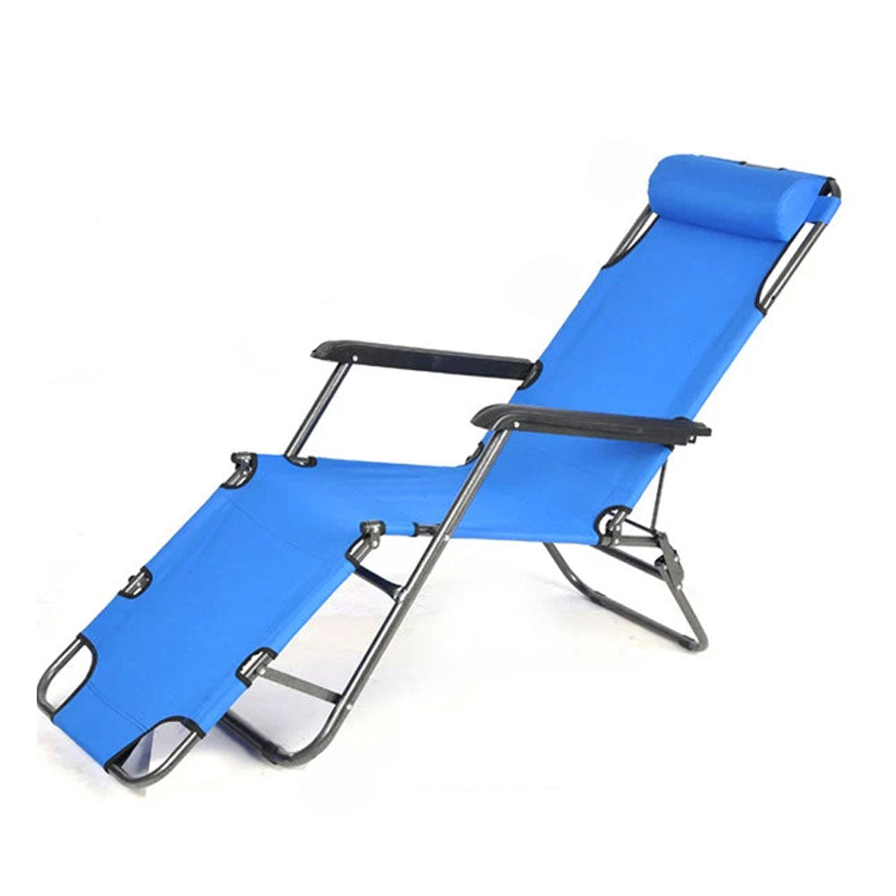 Reclining Sun Lounge Beach Chair – Folding Outdoor Deck Chair with Armrests & Padded Headrest – Blue