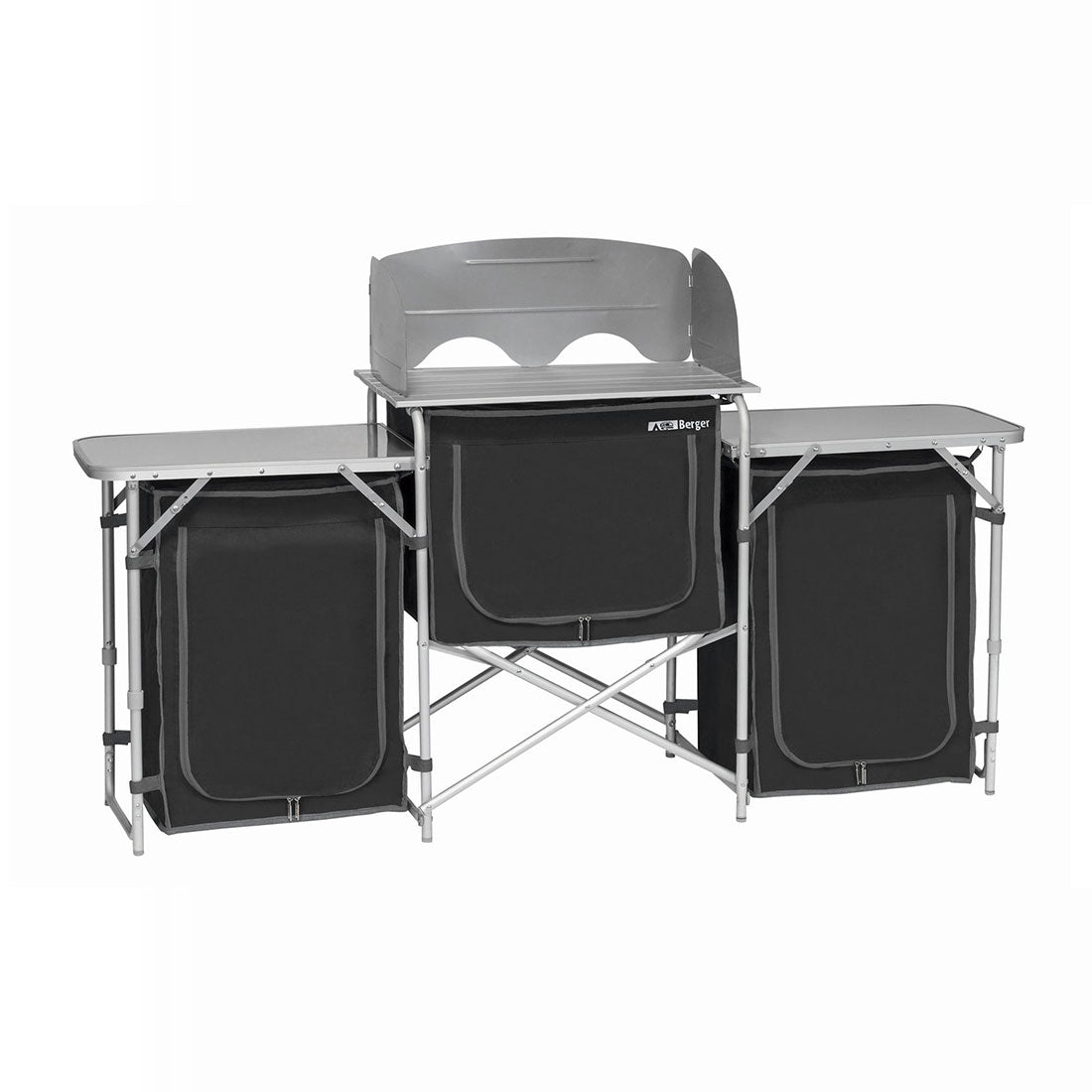 Deluxe Aluminium Foldable Camping Kitchen Table with Cupboard & Windshield – Ultimate Outdoor Cooking Station