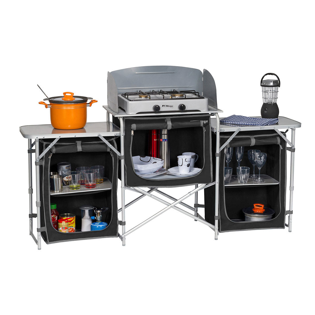 Deluxe Aluminium Foldable Camping Kitchen Table with Cupboard & Windshield – Ultimate Outdoor Cooking Station