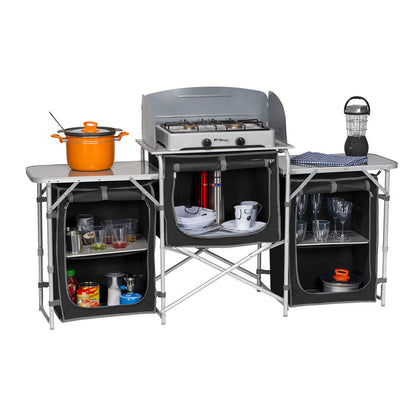 Deluxe Aluminium Foldable Camping Kitchen Table with Cupboard & Windshield – Ultimate Outdoor Cooking Station