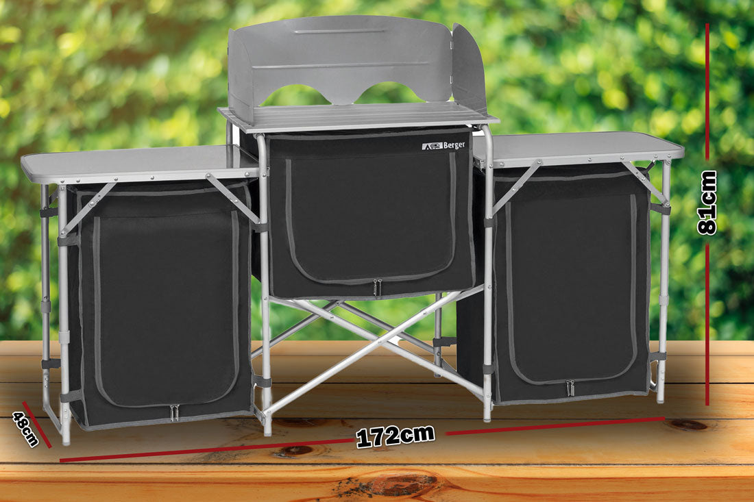 Deluxe Aluminium Foldable Camping Kitchen Table with Cupboard & Windshield – Ultimate Outdoor Cooking Station