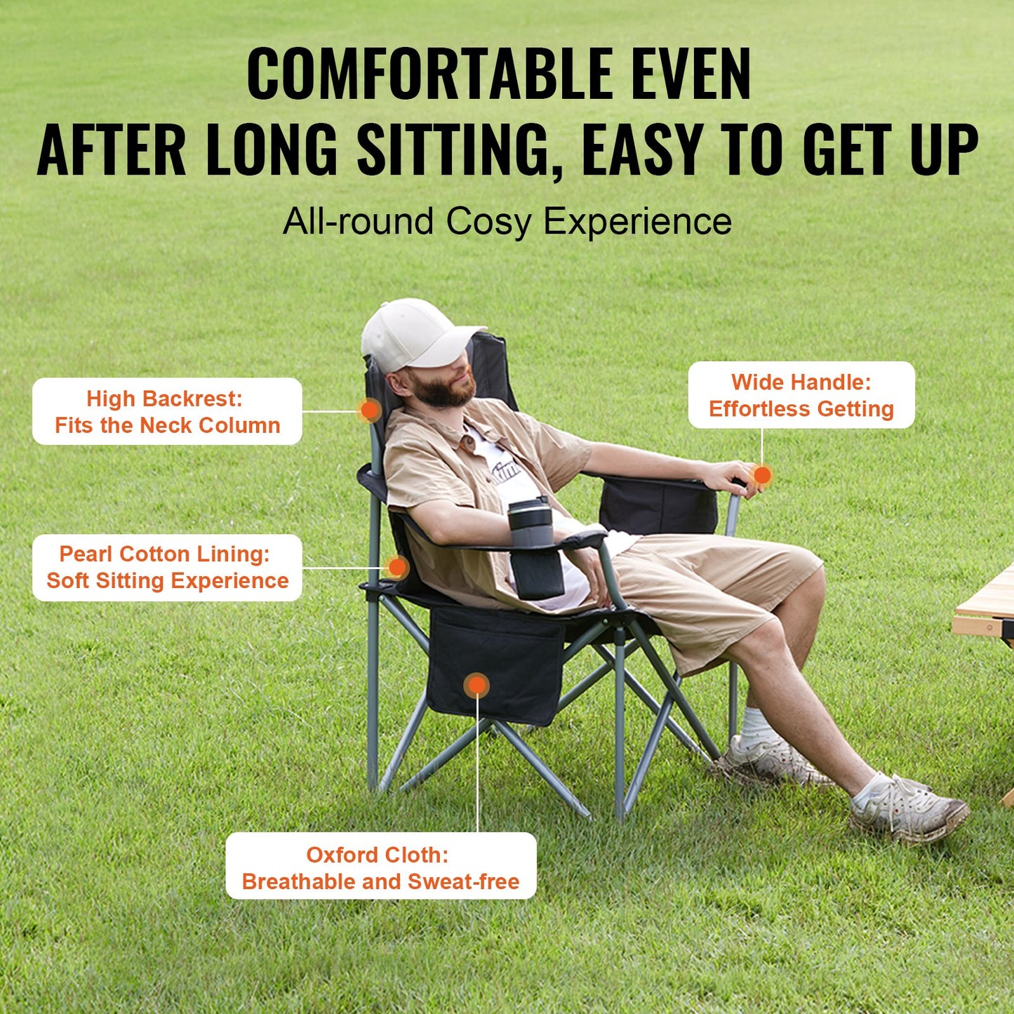 VEVOR Camping Chair – Folding, Heavy-Duty, Quad Design with Cooler Bag & Cup Holder