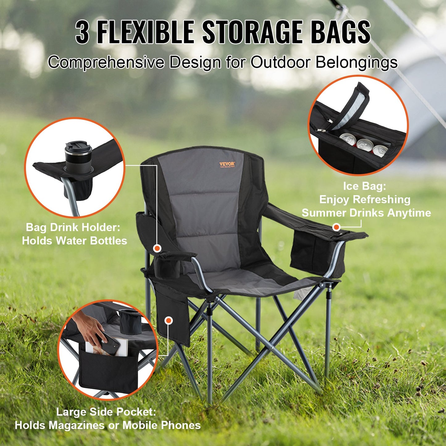 VEVOR Camping Chair – Folding, Heavy-Duty, Quad Design with Cooler Bag & Cup Holder