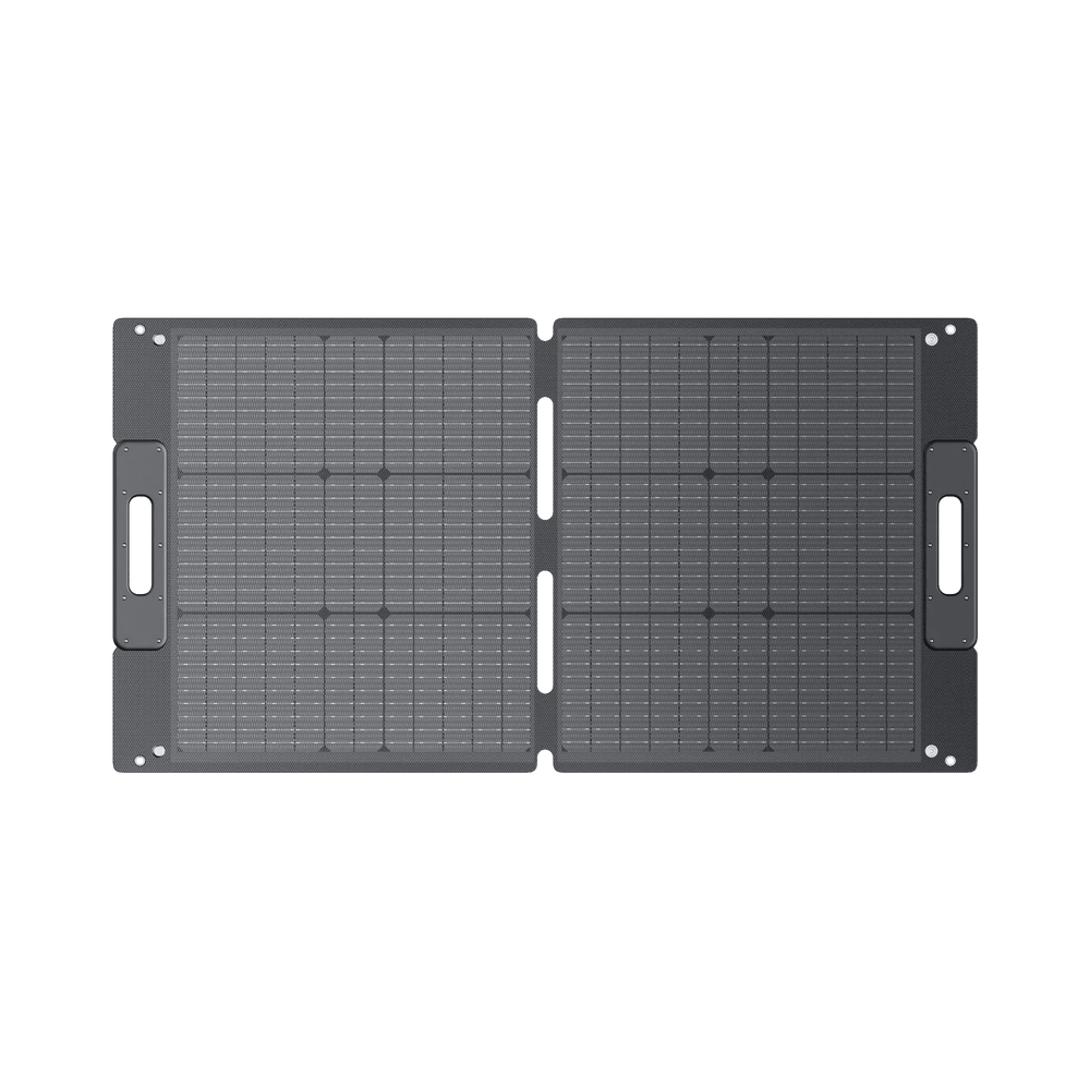 BLUETTI 100W foldable solar panel fully open on white background showing monocrystalline ETFE surface with carry handles on both sides