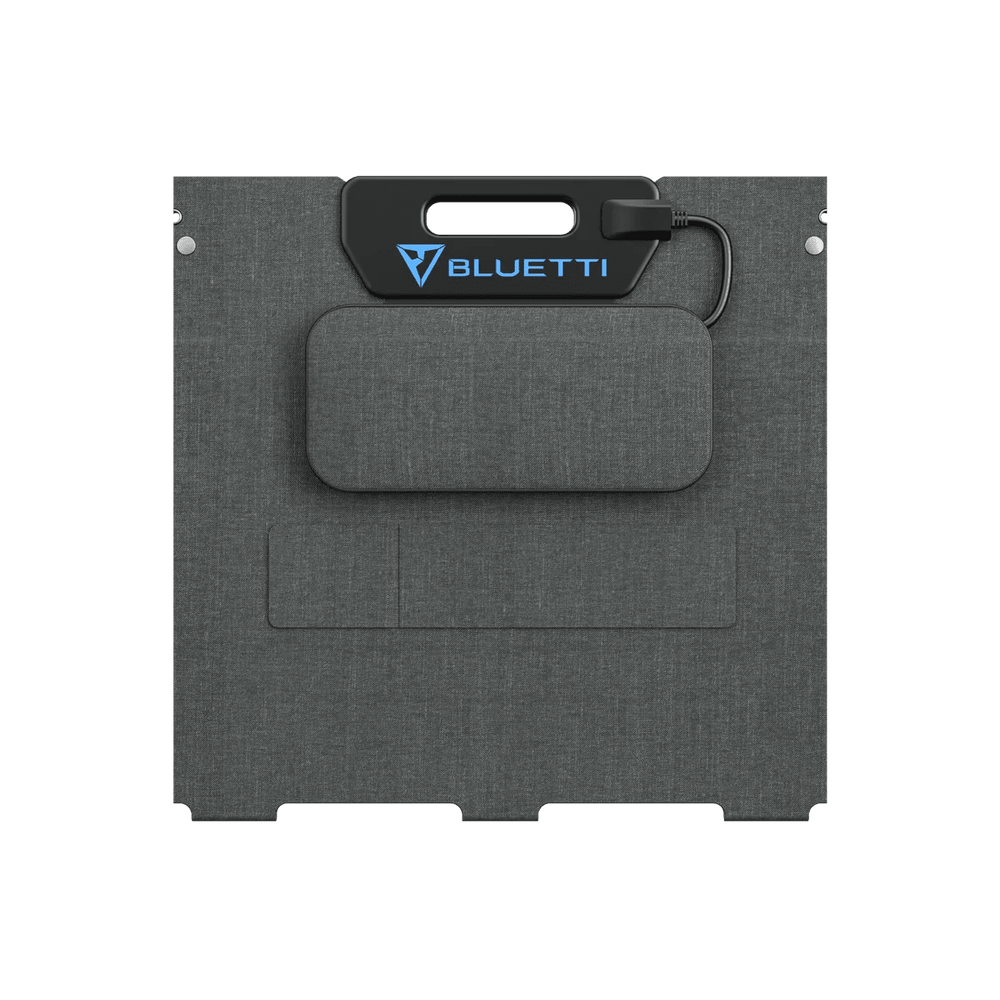 BLUETTI 100W foldable solar panel folded showing grey fabric backing, carry handle, BLUETTI logo and MC4 output cable