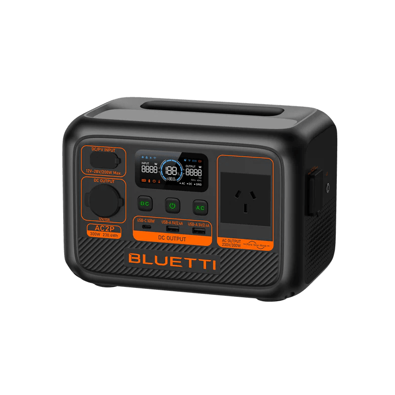 BLUETTI AC2P 300W 230Wh portable power station angled right view showing ergonomic carry handle recess, port labels and rugged textured housing