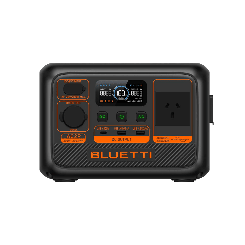 BLUETTI AC2P 300W 230Wh portable power station front view showing LCD display, DC and AC output ports, 100W USB-C, two USB-A ports, 12V car outlet and Australian 230V AC outlet
