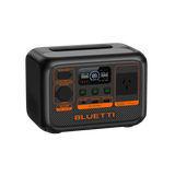 BLUETTI AC2P 300W 230Wh portable power station angled left view showing full port layout including DC input, DC output, LCD screen and AC outlet on black and orange body
