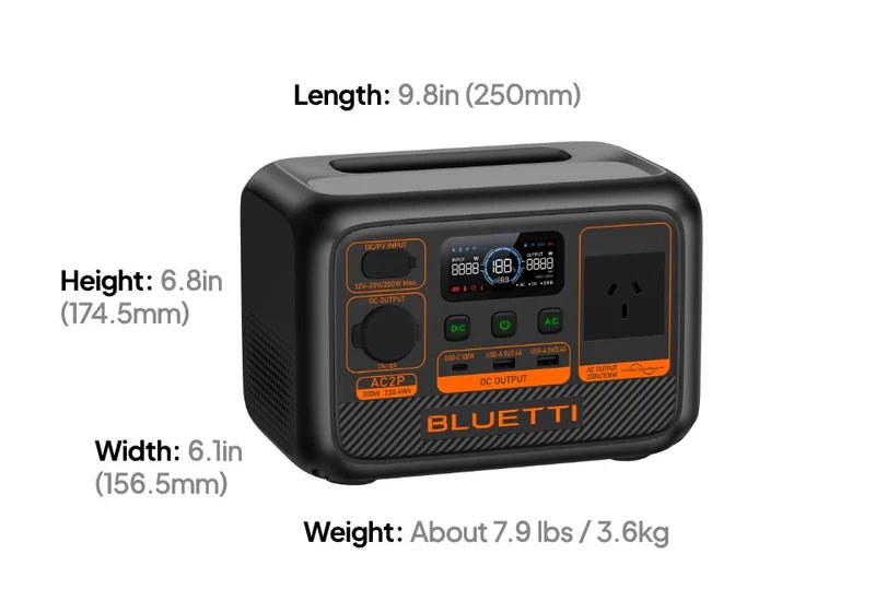 BLUETTI AC2P portable power station dimensions diagram showing length 250mm, width 156.5mm, height 174.5mm and weight 3.6kg