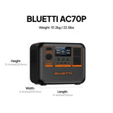 BLUETTI AC70P portable power station dimensions diagram showing length 314mm, width 209.5mm, height 255.8mm and weight 10.2kg
