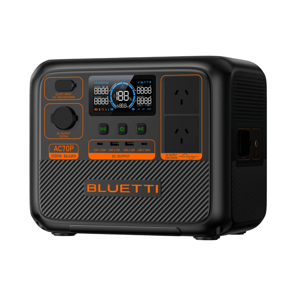 BLUETTI AC70P 1000W 864Wh portable power station angled front right view showing full port layout including DC PV input, DC output, dual 100W USB-C, two USB-A ports and dual Australian AC outlets on black and orange body