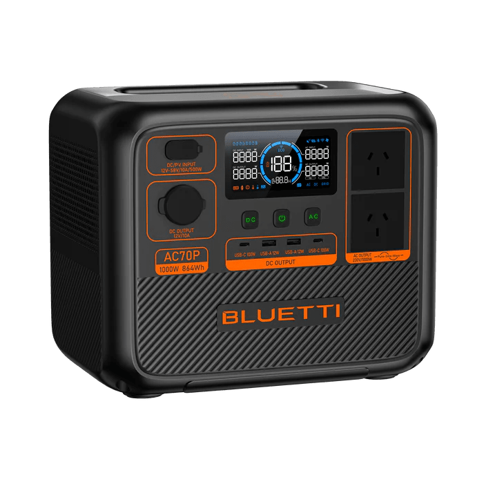 BLUETTI AC70P 1000W 864Wh portable power station angled front left view showing LCD display, DC and AC output ports, dual USB-C 100W, two USB-A ports, 12V car outlet and two Australian 230V AC outlets