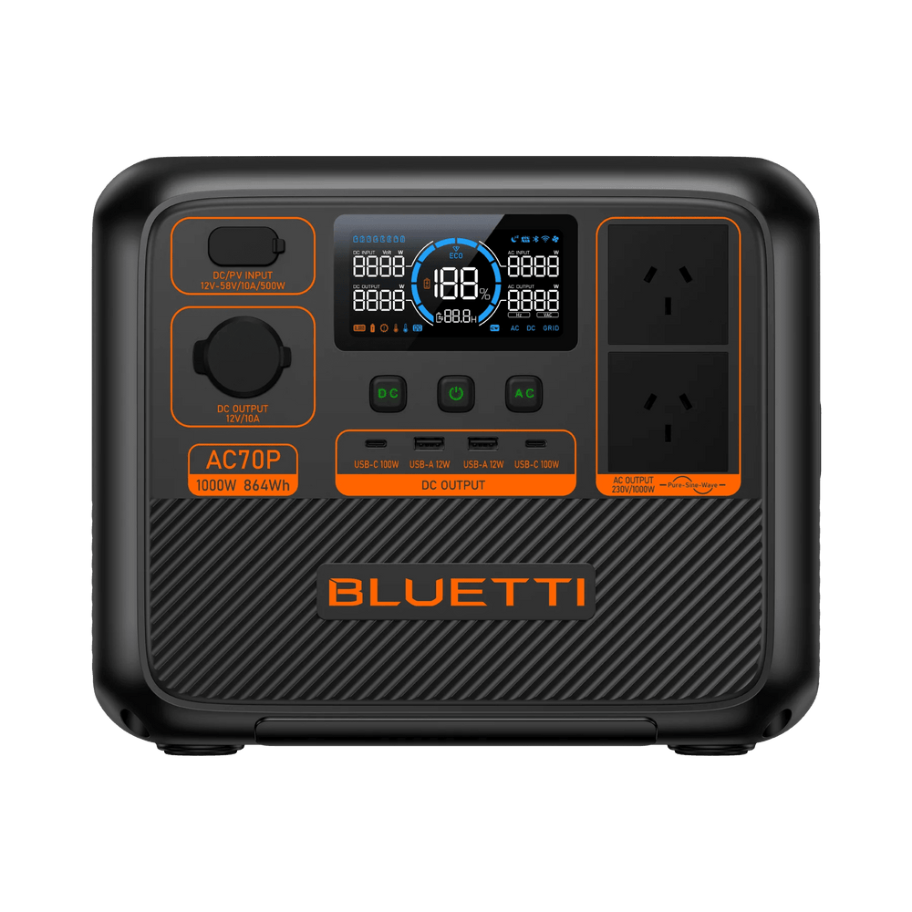 BLUETTI AC70P 1000W 864Wh portable power station straight front view showing full port layout with LCD screen, DC input, DC output, dual USB-C 100W, two USB-A 12W ports and two 230V Australian AC outlets