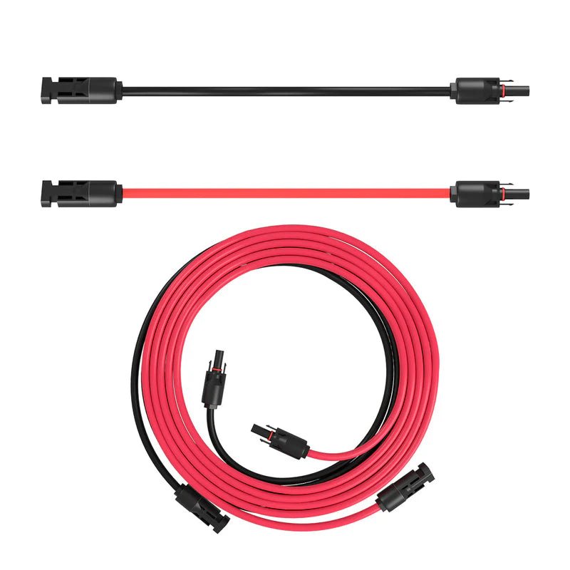 BLUETTI MC4 solar extension cable showing individual red and black cables with MC4 connectors at each end and 5 metre coiled cable pair on white background