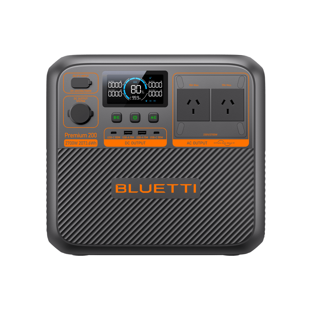 BLUETTI Premium 200 V2 Portable Power Station with a display screen, multiple power outlets, and a black casing with orange accents.