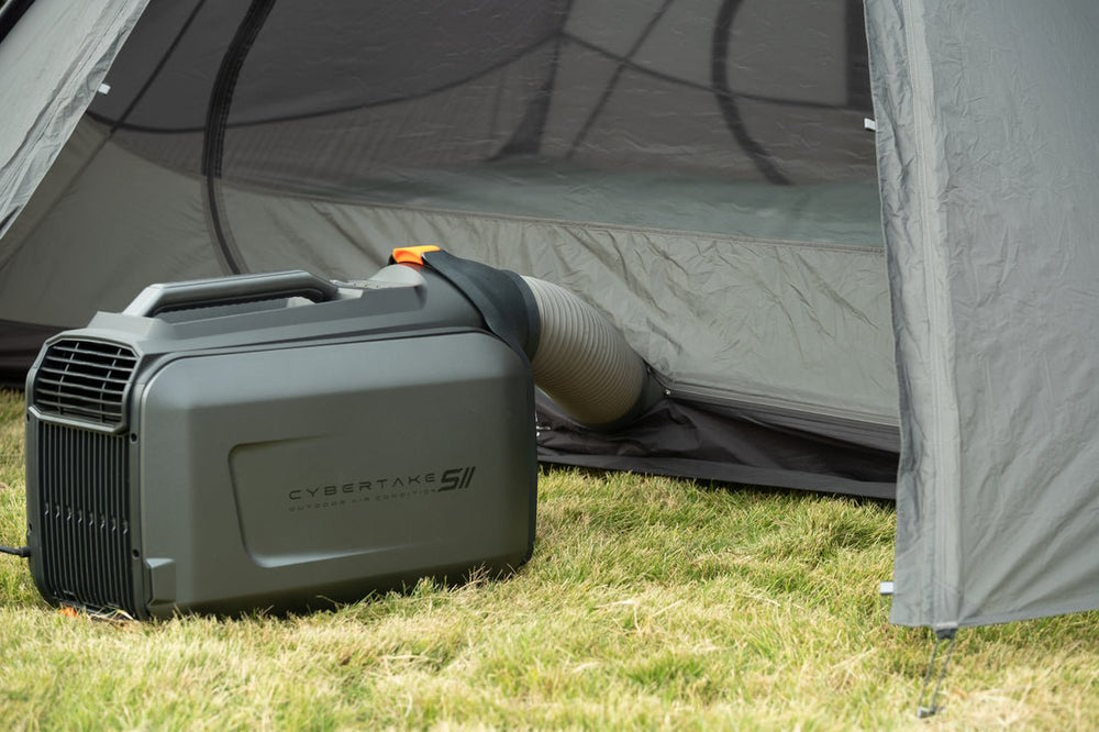 Cybertake S2 Pro portable air conditioner and heater unit being used with a tent