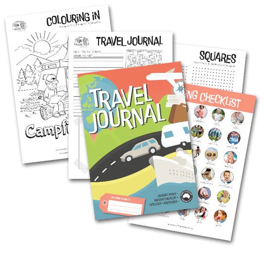 Adventure Awaits Kids Travel Journal spread showing front cover, inside journal entry pages, colouring in activity page and packing checklist sheet