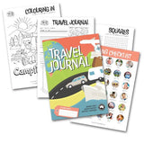 Adventure Awaits Kids Travel Journal spread showing front cover, inside journal entry pages, colouring in activity page and packing checklist sheet