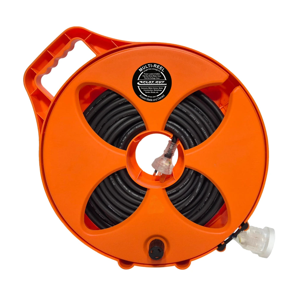 20m Premium 15amp extension lead on Narrow Multi-Reel in Safety Orange, included in the Caravan Starter Pack Favourites
