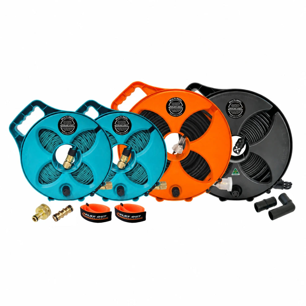 Flat Out Caravan Starter Pack Favourites full kit, two water hose reels, sullage hose reel and 20m extension lead reel with brass fittings