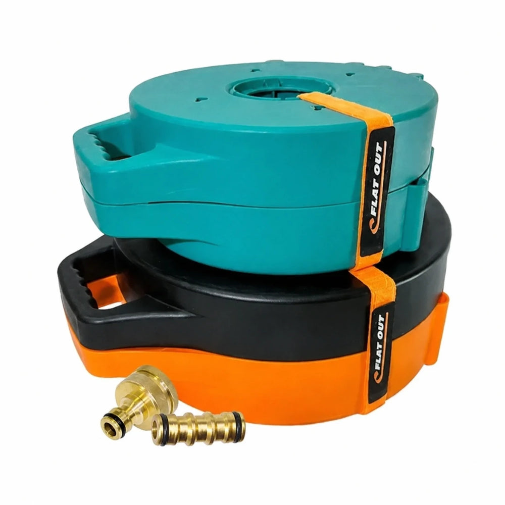 Flat Out Caravan Starter Pack Favourites reels stacked and secured with a Velcro strap, shown with the brass snap-on hose couplers