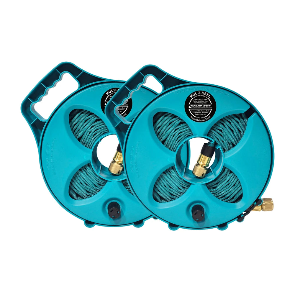Two 7.5m Flat Out drink water hoses on Compact Multi-Reels, included in the Caravan Starter Pack Favourites