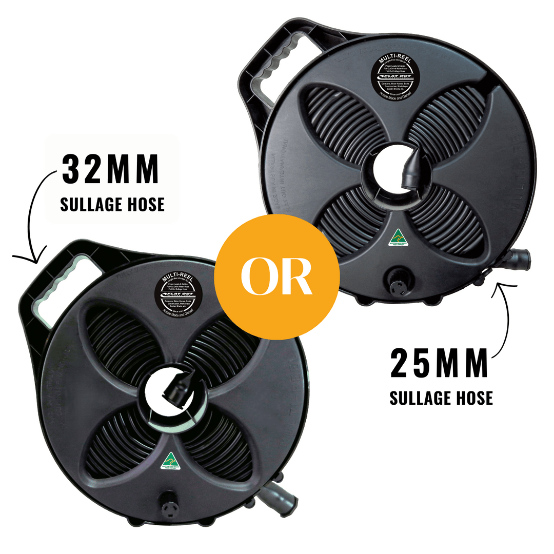 Flat Out Sullage Hose on Multi-Reel showing the 2 sizes available, 25mm or 32mm
