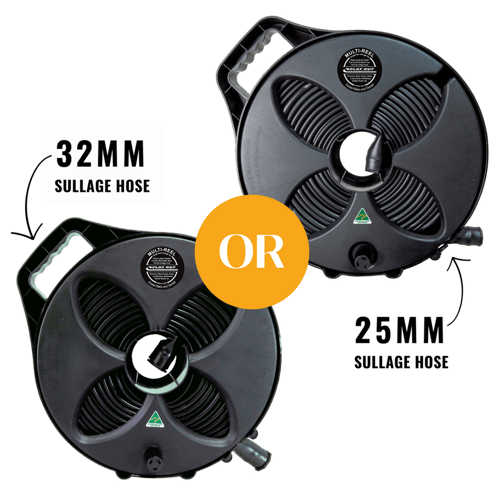 Flat Out Sullage Hose on Multi-Reel showing the 2 sizes available, 25mm or 32mm