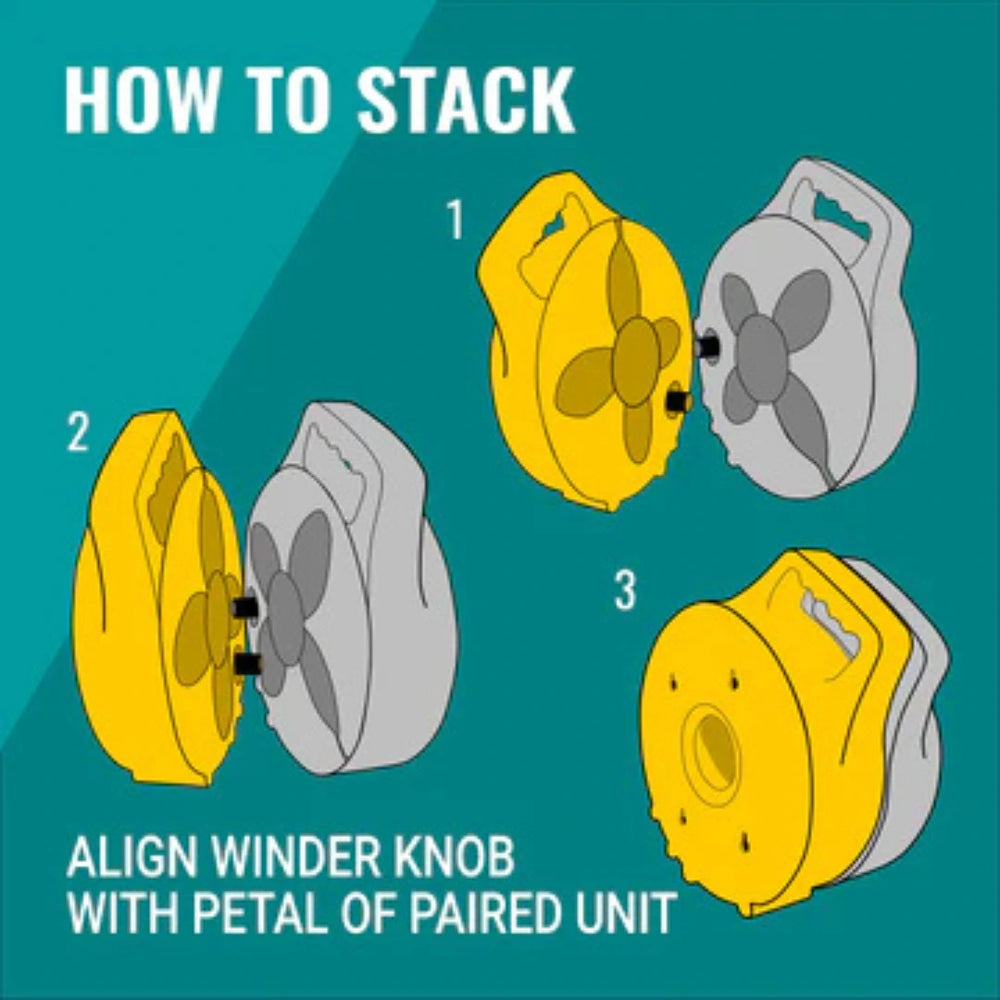 How to stack the Flat Out Narrow Multi-Reel, align the winder knob with the petal of the paired unit