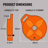 Flat Out Narrow Multi-Reel product dimensions, 40cm diameter, 37cm handle at top, 6.5cm deep