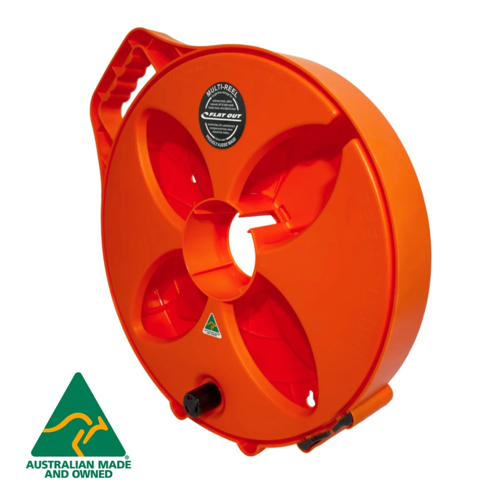 Flat Out Narrow Multi-Reel in Safety Orange, angled view showing reel depth and winder knob