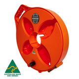 Flat Out Narrow Multi-Reel in Safety Orange, angled view showing reel depth and winder knob