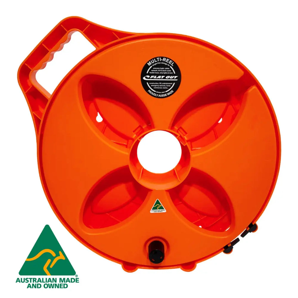 Flat Out Narrow Multi-Reel in Safety Orange, front view, reel only, Australian made