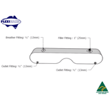 Fleximake 125L water bladder fitting layout showing filler breather and outlet positions
