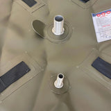 Close-up of Fleximake 75 litre fuel bladder showing threaded metal inlet and outlet fittings