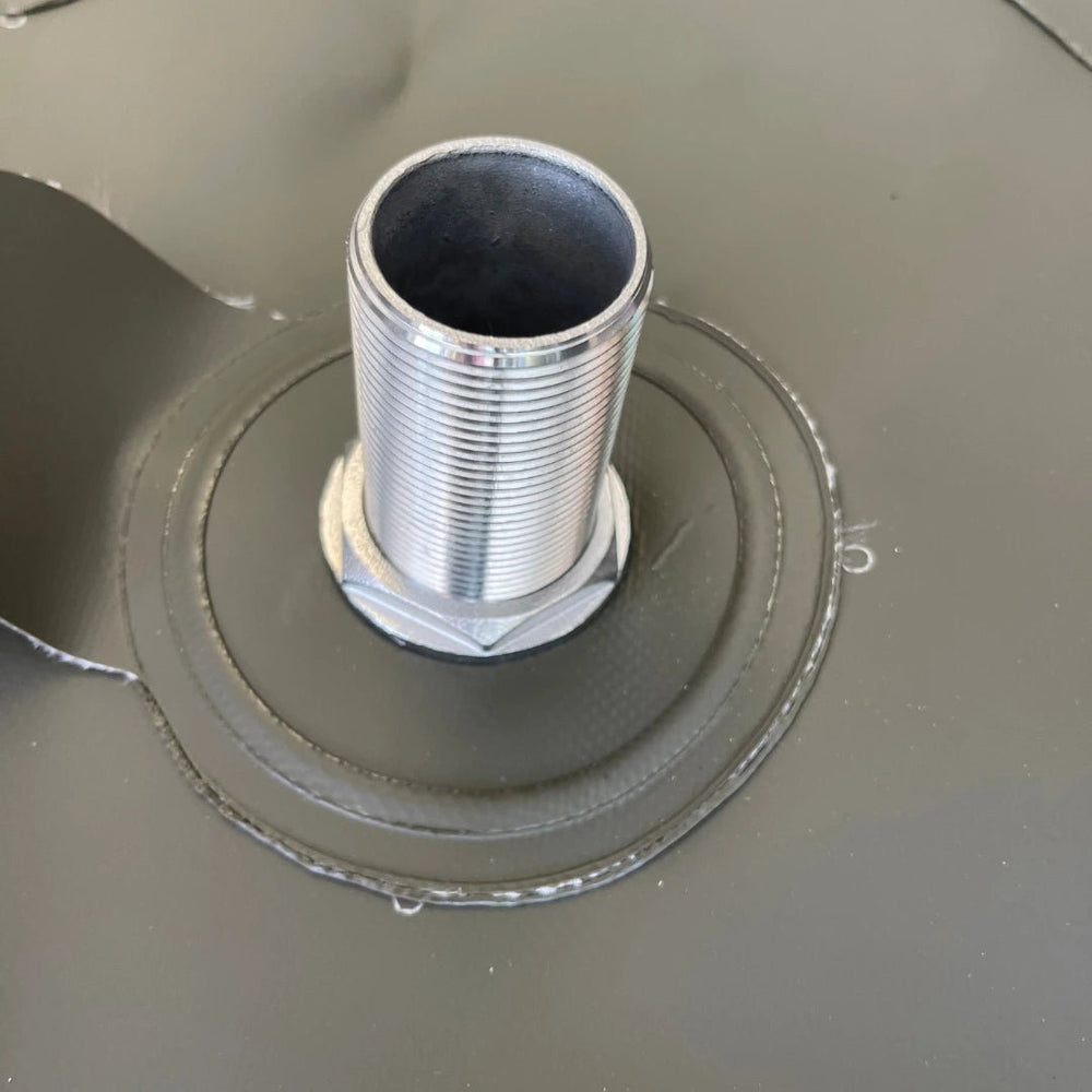 Close-up of Fleximake fuel bladder threaded metal inlet fitting with reinforced seal