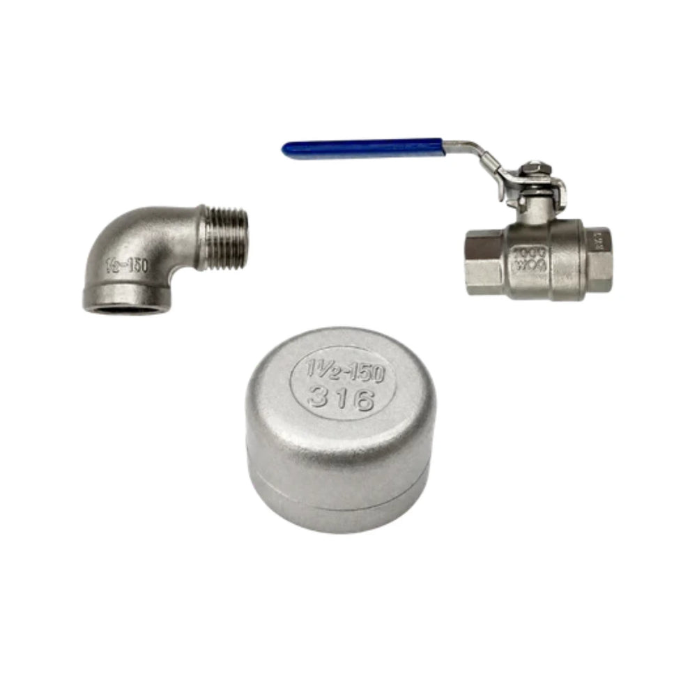 Fleximake fuel bladder stainless steel BSP fittings kit, includes 1½" inlet cap, ½" 90° elbow fitting and ½" ball valve