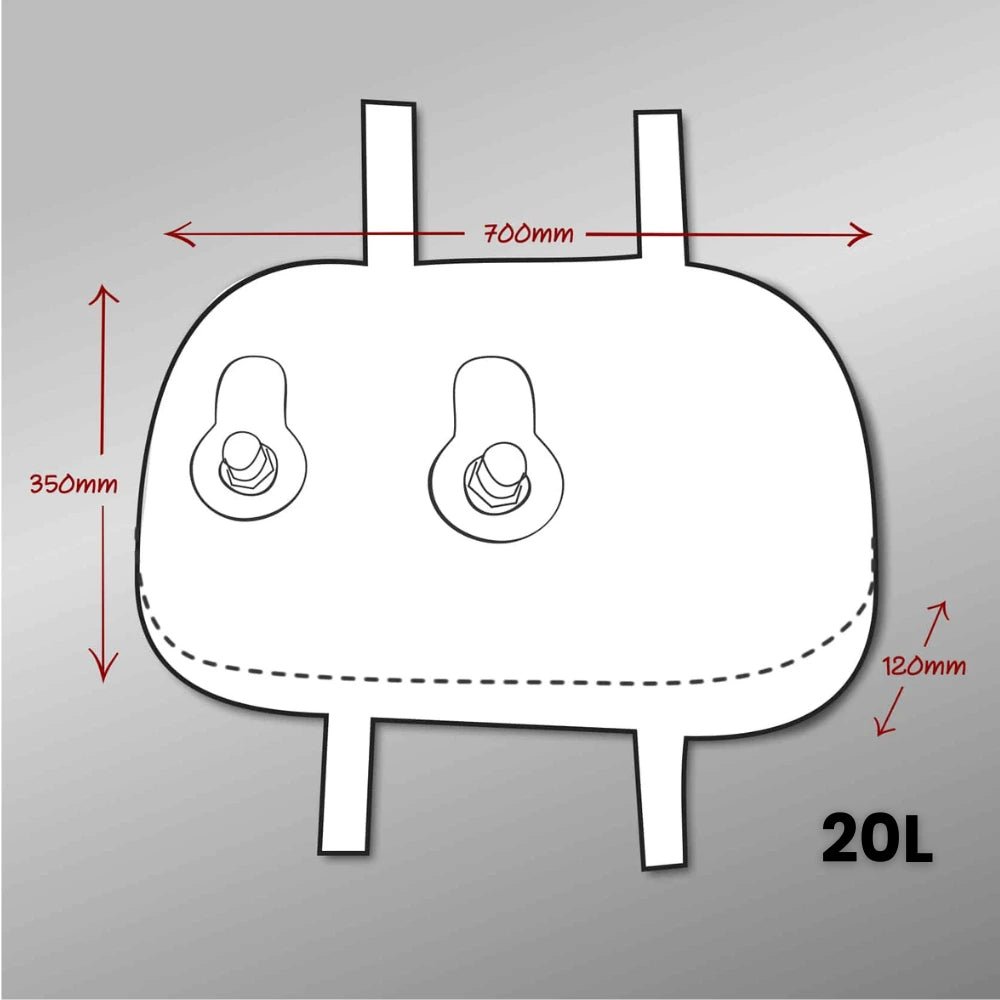 Diagram of Fleximake 20L grey water bladder showing 700 x 350 x 120 mm dimensions