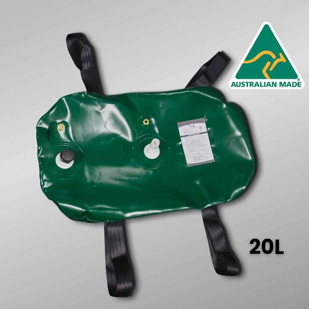 Australian made Fleximake 20L grey water bladder with inlet and outlet fittings