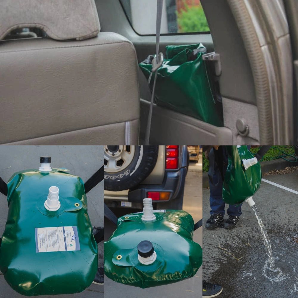 Fleximake grey water bladder in use, stored inside vehicle and draining grey water