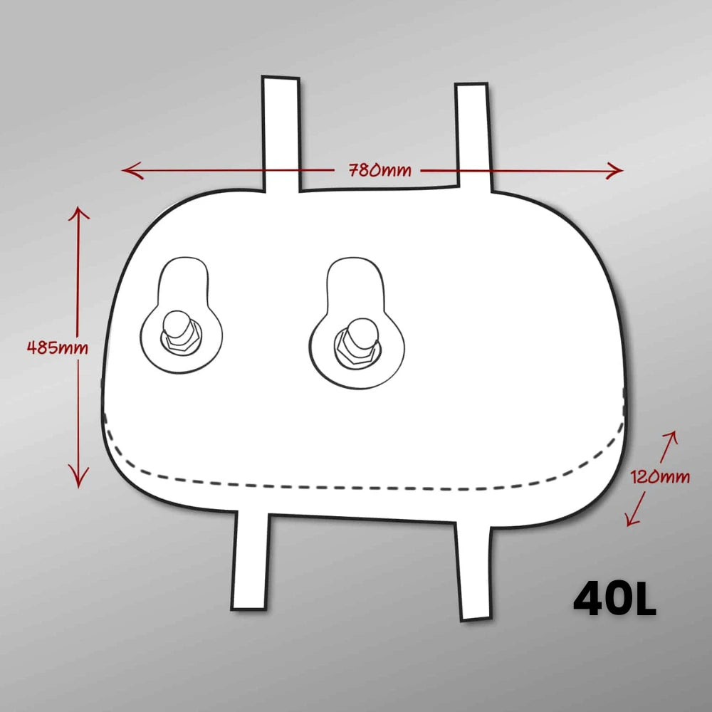Diagram of Fleximake 40L grey water bladder showing 780 x 485 x 120 mm dimensions