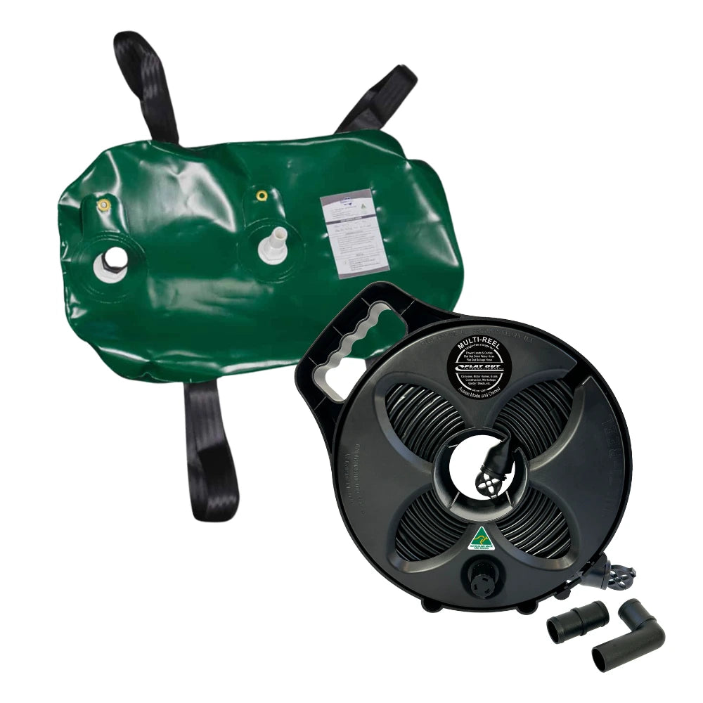 Fleximake grey water bladder shown with Flat Out sullage hose reel for grey water capture