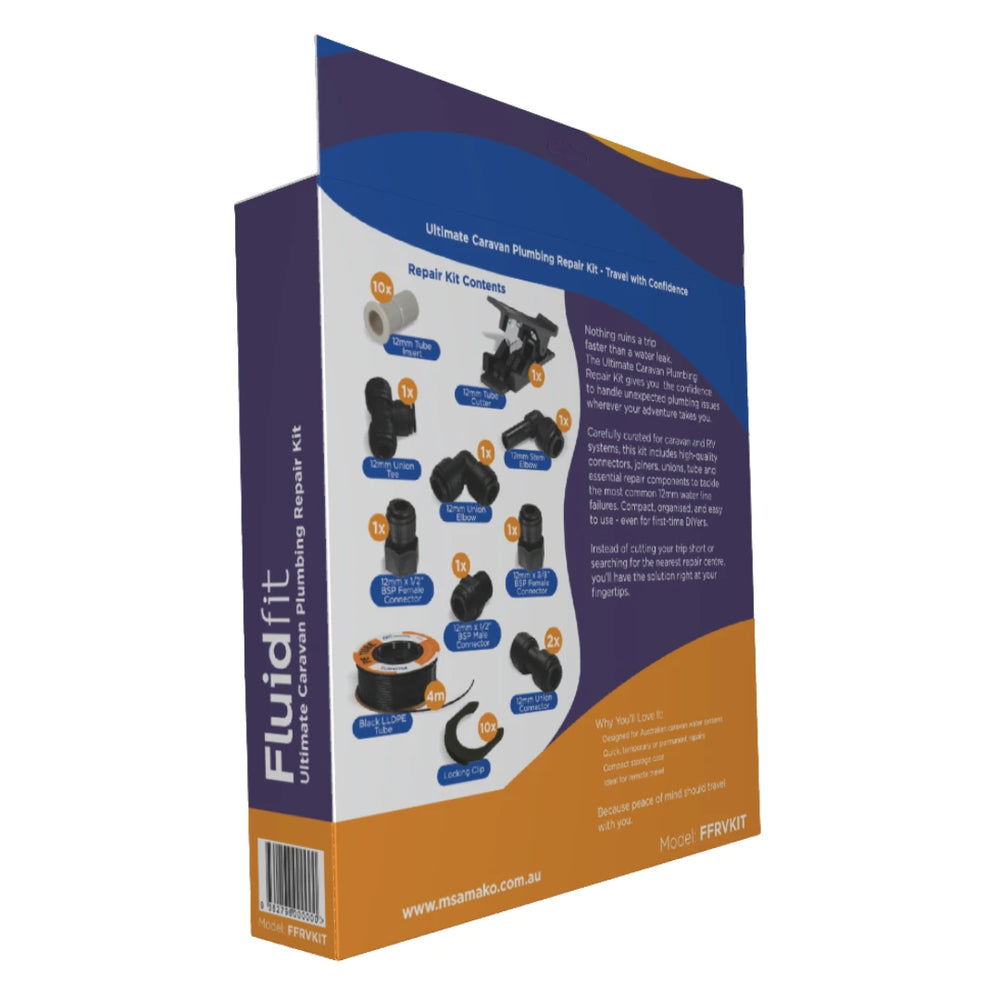 Back of the Fluidfit Ultimate Caravan Plumbing Repair Kit box showing the full contents list and product description