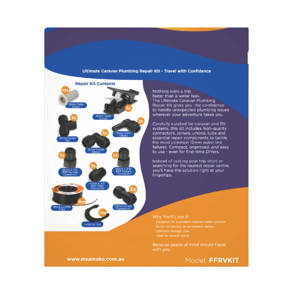 Fluidfit Ultimate Caravan Plumbing Repair Kit box back panel, flat view, listing all included fittings and components