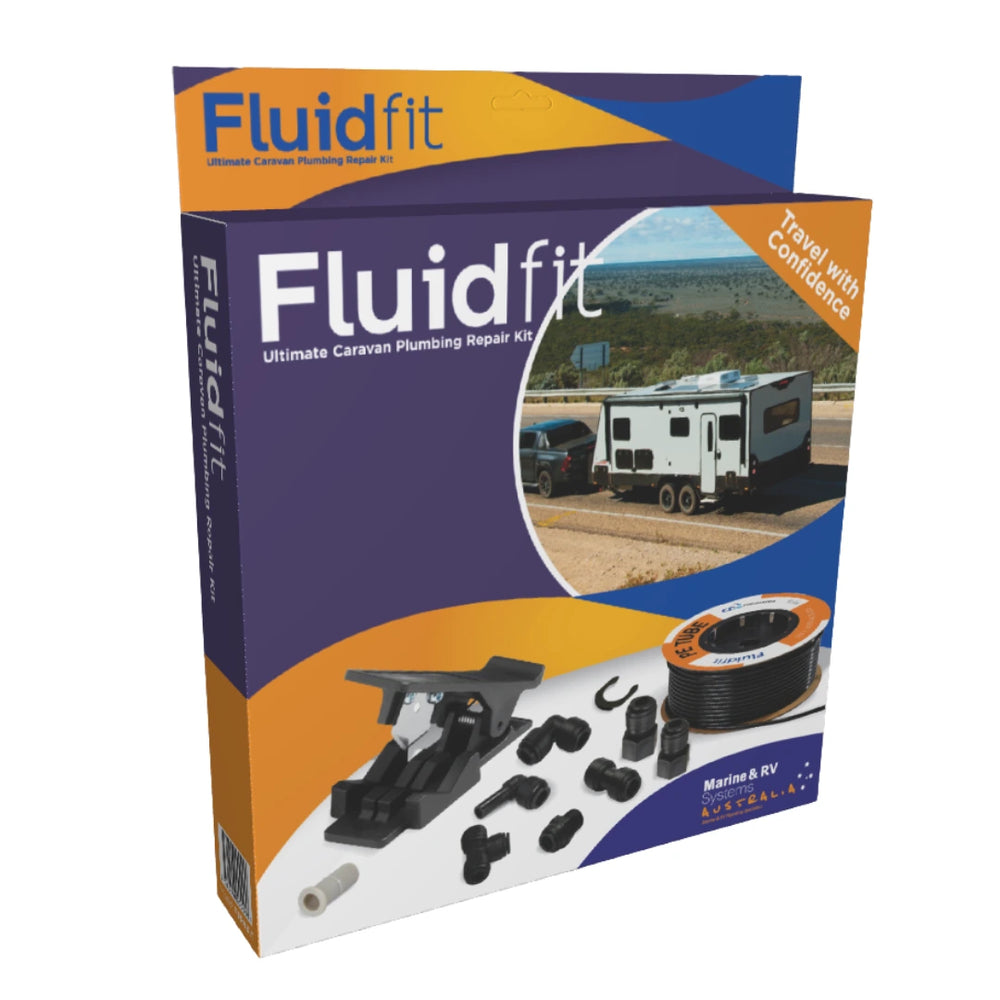 Fluidfit Ultimate Caravan Plumbing Repair Kit box, front view showing kit contents and packaging