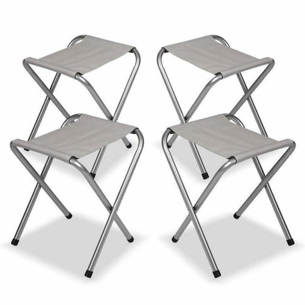 A portable four matching chairs set up, all in a metallic color.