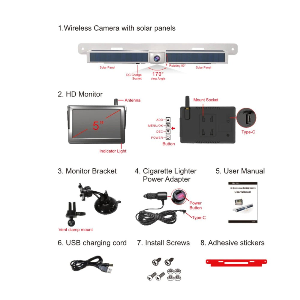 rearview170 wireless reverse camera full kit contents including solar camera unit HD monitor cigarette lighter adapter USB charging cord mounting brackets and screws
