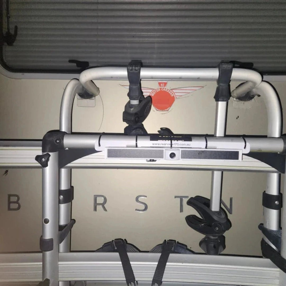rearview170 solar wireless reverse camera mounted to motorhome bike rack showing flexible mounting options for caravans and motorhomes